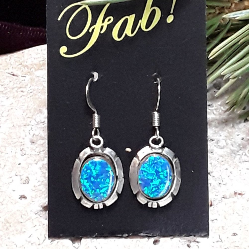 Native American Fiery Blue & Green Lab Opal Sterling Dangle Earrings